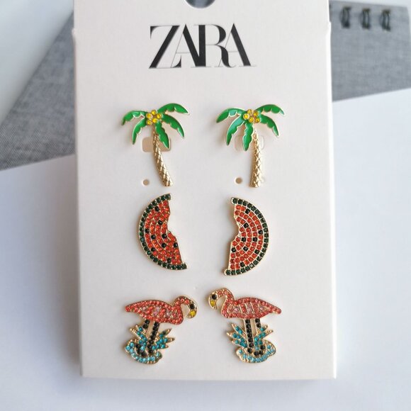 ZARA Colorful Tropical Palm Flamingo Earrings Set Beach Style Gift Jewelry - Picture 1 of 2